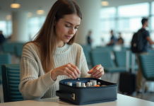 Jeune femme prépare sa trousse de toilette à l'aéroport