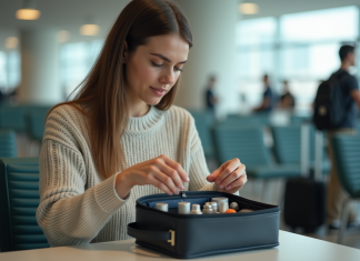 Trousse de toilette en avion : Quelles règles à suivre pour voyager sereinement ? Jeune femme prépare sa trousse de toilette à l'aéroport