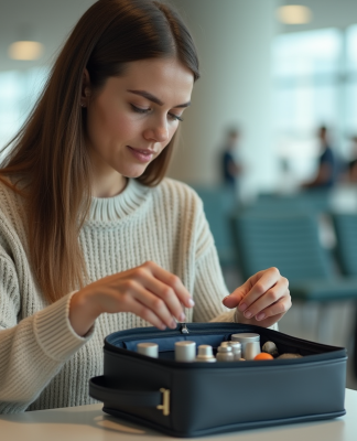 Jeune femme prépare sa trousse de toilette à l'aéroport