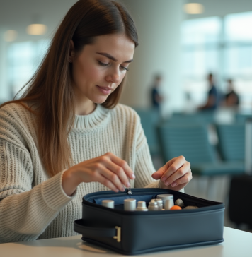 Trousse de toilette en avion : Quelles règles à suivre pour voyager sereinement ? Jeune femme prépare sa trousse de toilette à l'aéroport