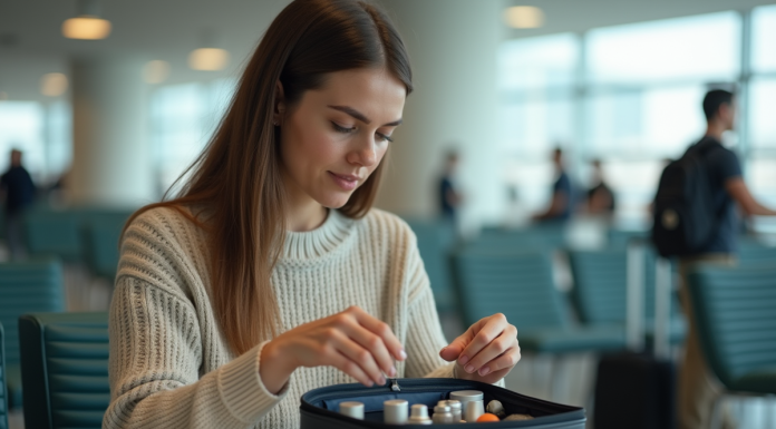 Jeune femme prépare sa trousse de toilette à l'aéroport
