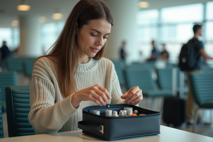 Jeune femme prépare sa trousse de toilette à l'aéroport