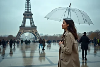 Femme avec parapluie devant la Tour Eiffel sous la pluie à Paris