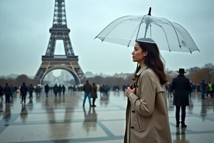 Femme avec parapluie devant la Tour Eiffel sous la pluie à Paris