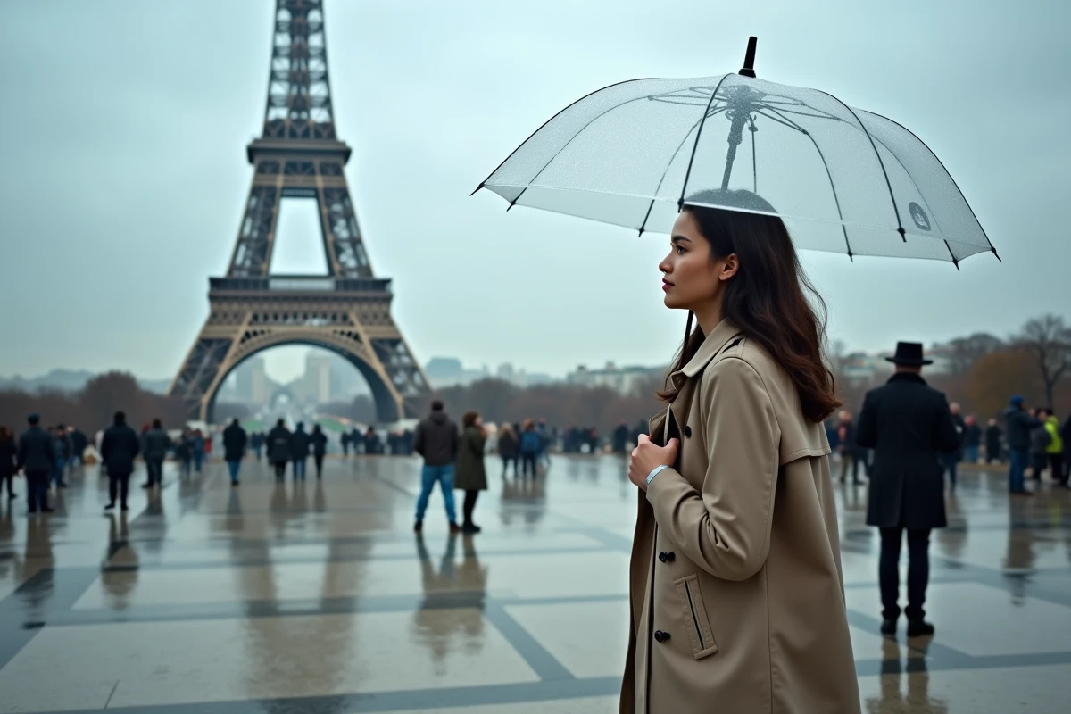 Femme avec parapluie devant la Tour Eiffel sous la pluie à Paris