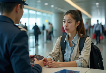 Jeune femme nervouse montrant un passeport endommage a l’aeroport