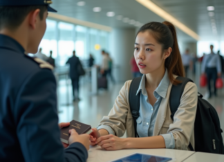 Voyager avec un passeport abîmé : tout ce qu’il faut savoir ! Jeune femme nervouse montrant un passeport endommage a l’aeroport
