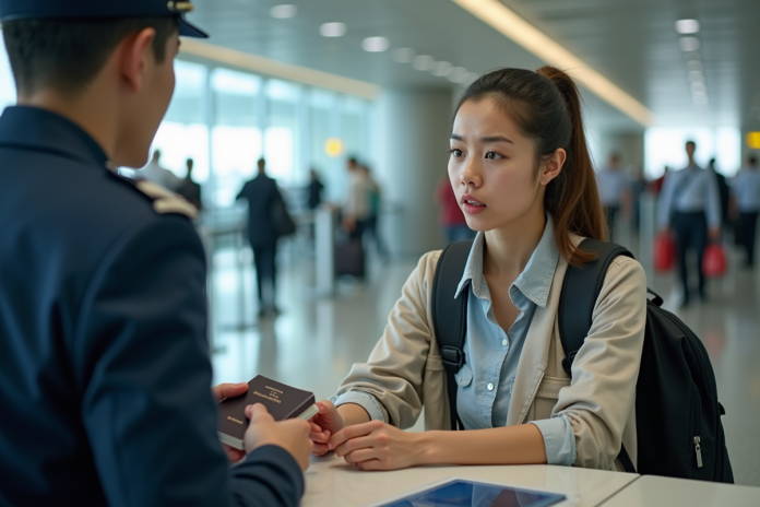 Jeune femme nervouse montrant un passeport endommage a l’aeroport