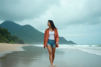 Jeune femme indonesienne marche sur la plage de Kuta sous la pluie