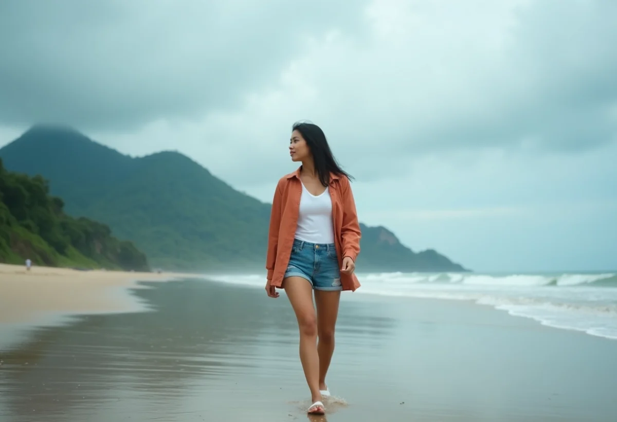 Jeune femme indonesienne marche sur la plage de Kuta sous la pluie