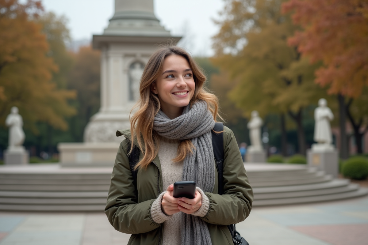 Jeune femme souriante devant monument historique en extérieur