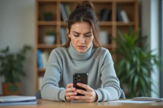 Femme cherchant le numéro de téléphone SNCF sur son smartphone depuis un bureau à domicile