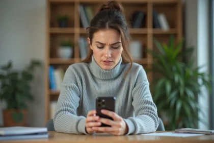 Femme cherchant le numéro de téléphone SNCF sur son smartphone depuis un bureau à domicile