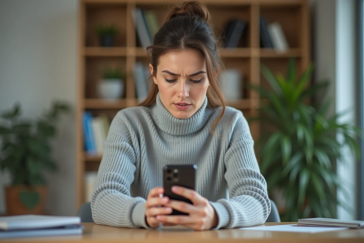Femme cherchant le numéro de téléphone SNCF sur son smartphone depuis un bureau à domicile