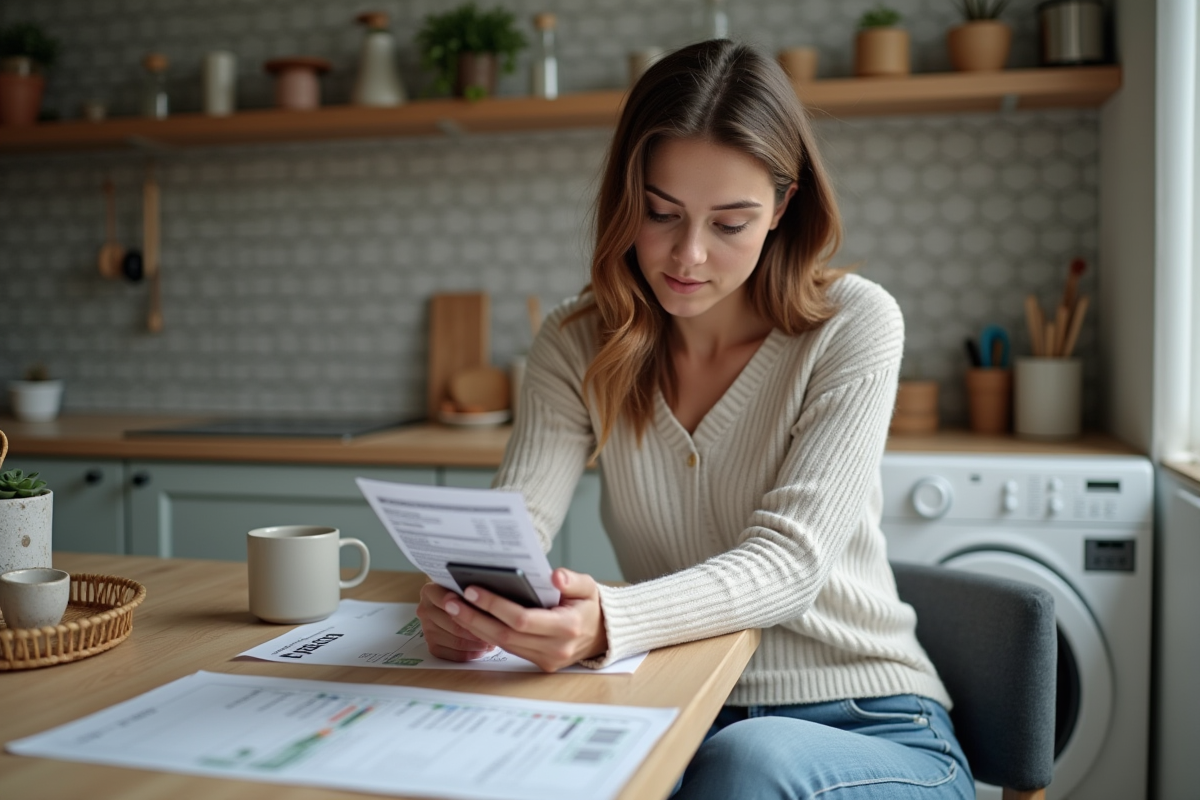 Femme concentrée vérifiant ses billets de train à la maison