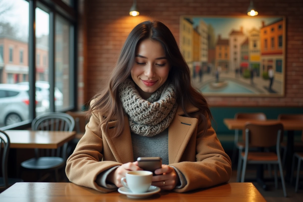 Jeune femme dans un café de Queens souriant en buvant