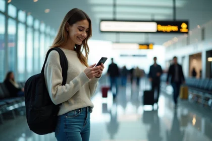 Jeune femme souriante vérifiant son smartphone à l'aéroport