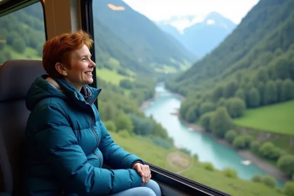 Femme souriante regardant le paysage depuis un train en Suisse