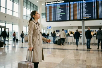 Femme indécise devant un tableau des départs dans un aéroport international, prête pour un voyage de dernière minute