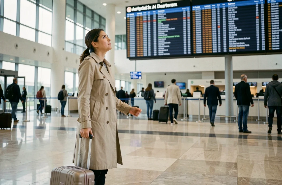Femme indécise devant un tableau des départs dans un aéroport international, prête pour un voyage de dernière minute