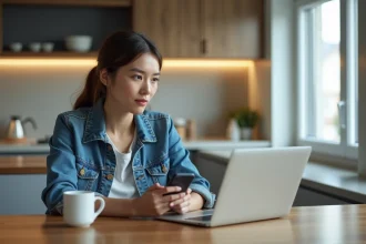 Jeune femme en cuisine vérifiant ses réservations de voyage