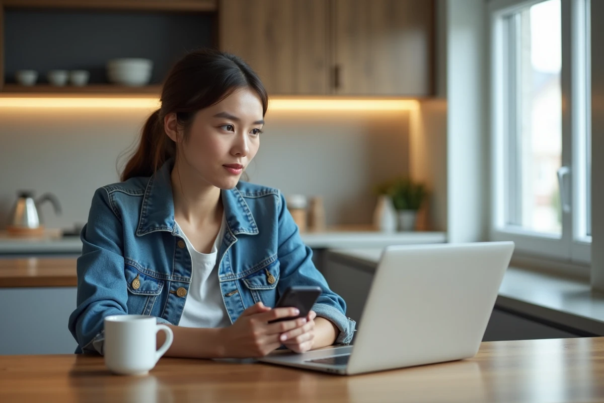 Jeune femme en cuisine vérifiant ses réservations de voyage