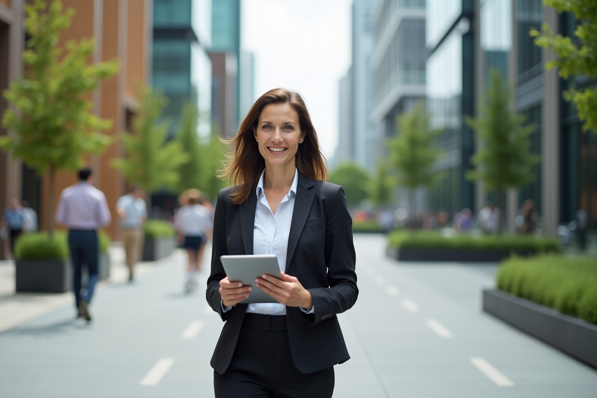 Femme d affaires marchant dans une ville moderne avec un tablet