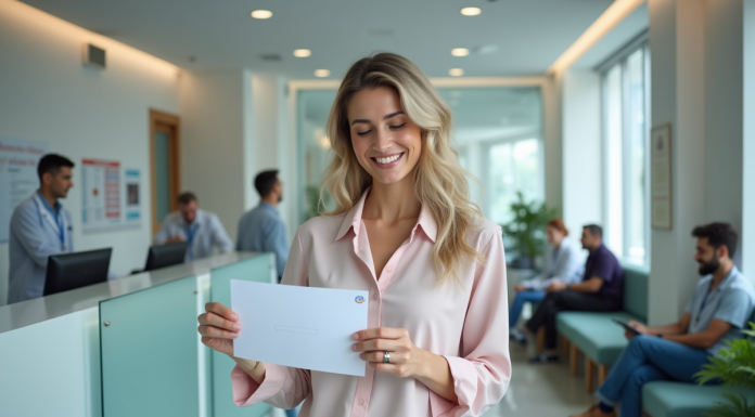 Femme recevant un certificat de vaccination à la clinique