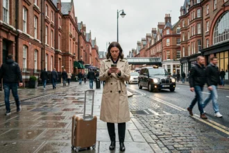 Femme avec valise cherchant son chemin dans un quartier de Londres près d'une gare