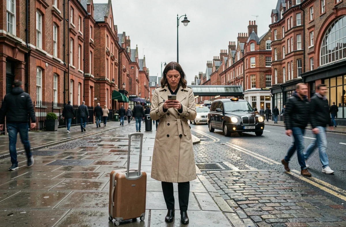 Femme avec valise cherchant son chemin dans un quartier de Londres près d'une gare