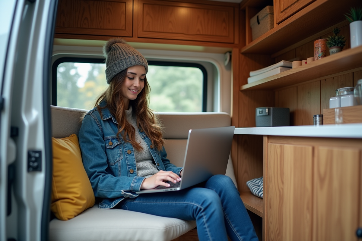 Jeune femme travaillant dans van aménagé cosy