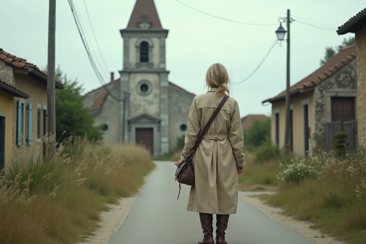 Femme contemplant une église en ruine dans un village abandonné en France entouré de végétation sauvage
