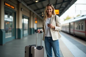 Femme souriante en voyage à la gare en Europe