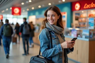 Femme souriante dans une agence de voyage à Leclerc