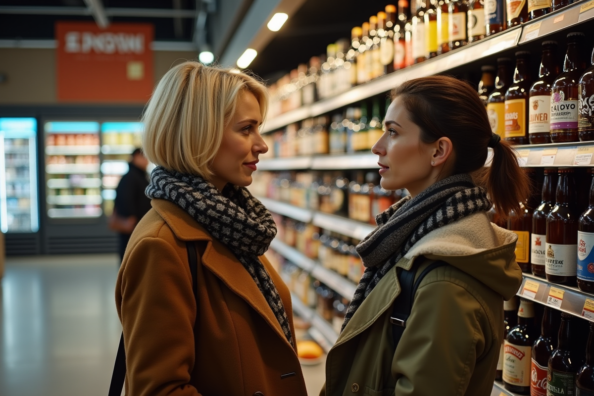 Deux femmes regardant des bouteilles de bière en supermarche