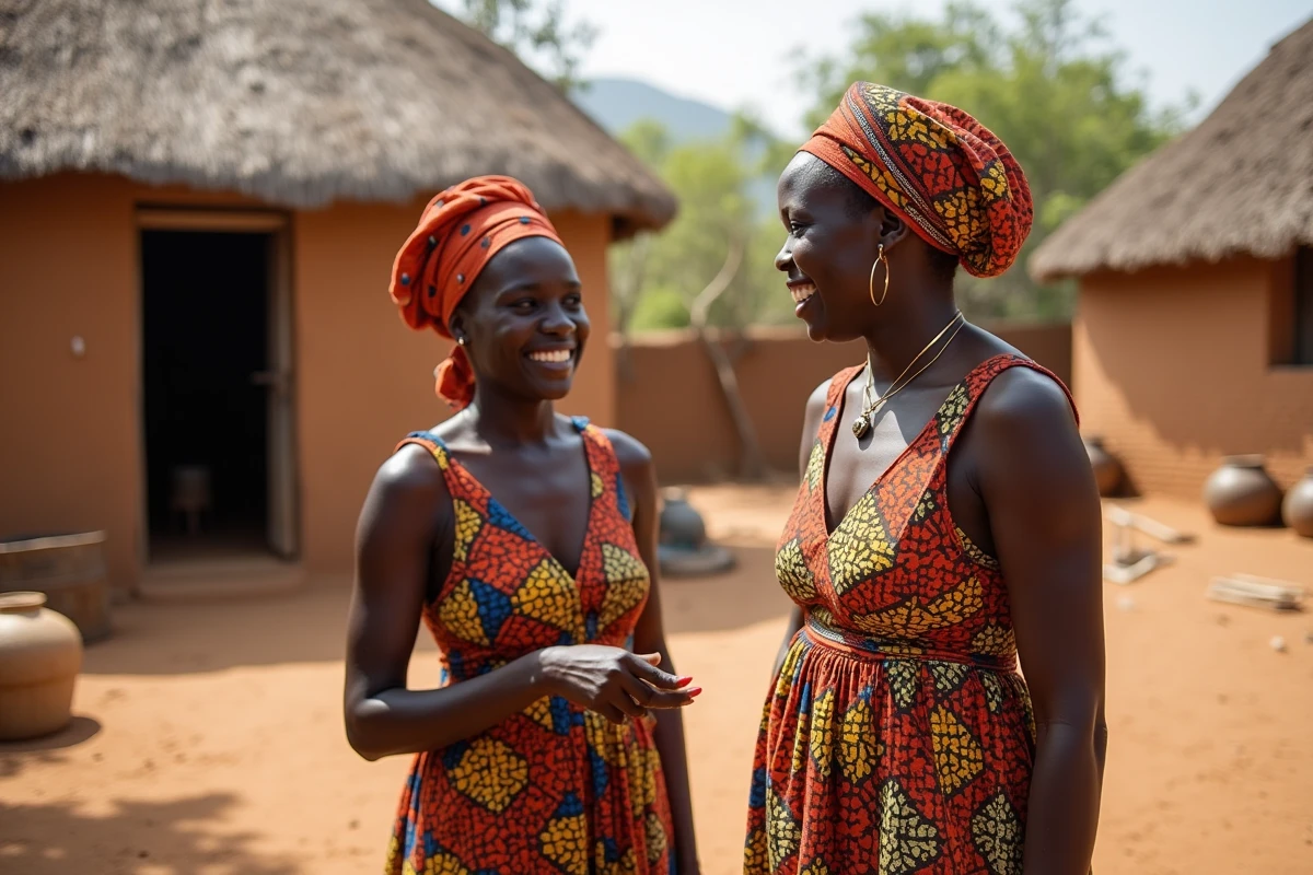 Femmes sud-soudaniennes en discussion près d'une hutte traditionnelle tukul dans un village de brousse proche de Koriom au Soudan du Sud