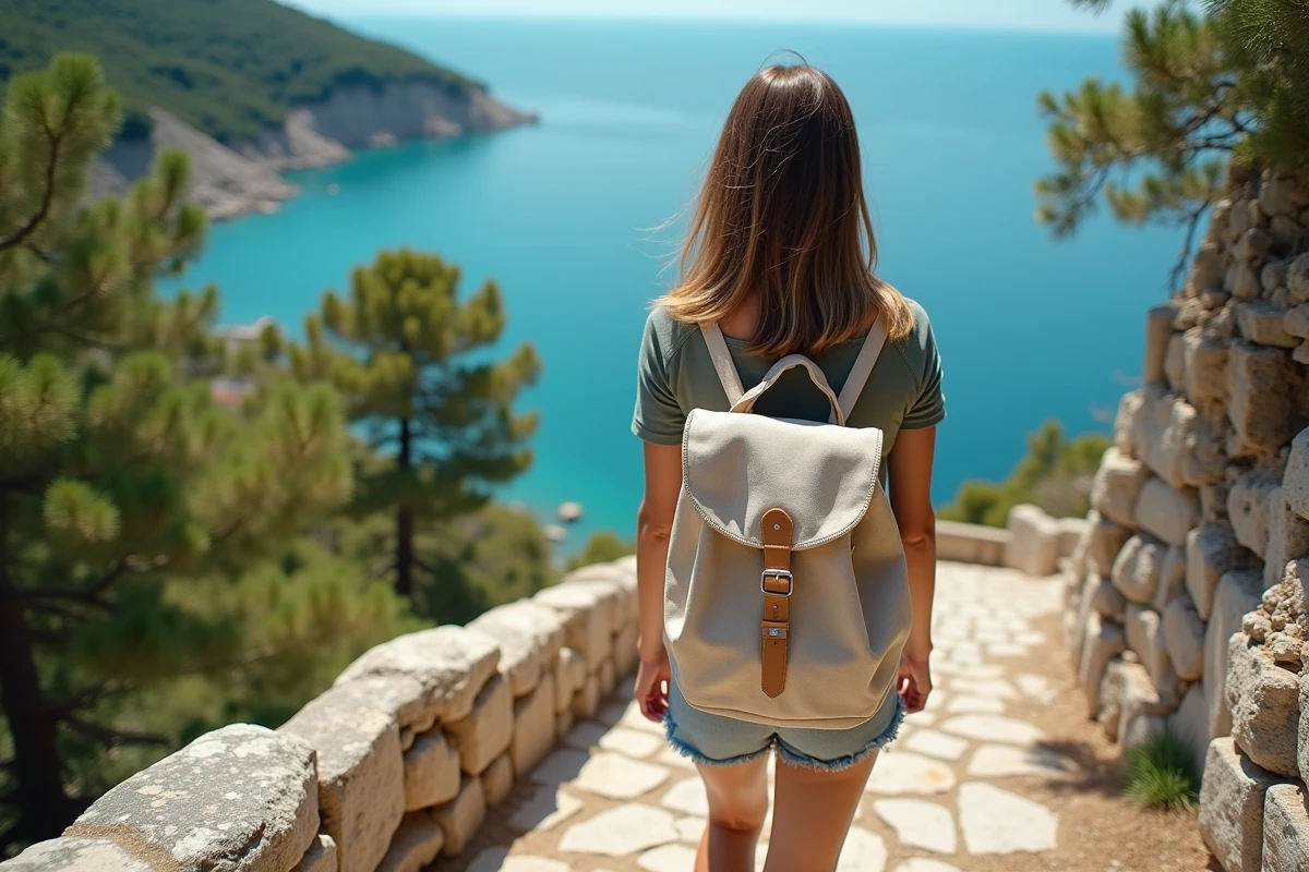 Jeune femme en randonnée sur Lokrum avec vue sur la mer