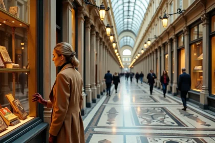 Femme élégante en manteau camel se promenant sous les voûtes vitrées de la Galerie Vivienne à Paris, avec ses sols en mosaïque et son architecture néoclassique du XIXe siècle