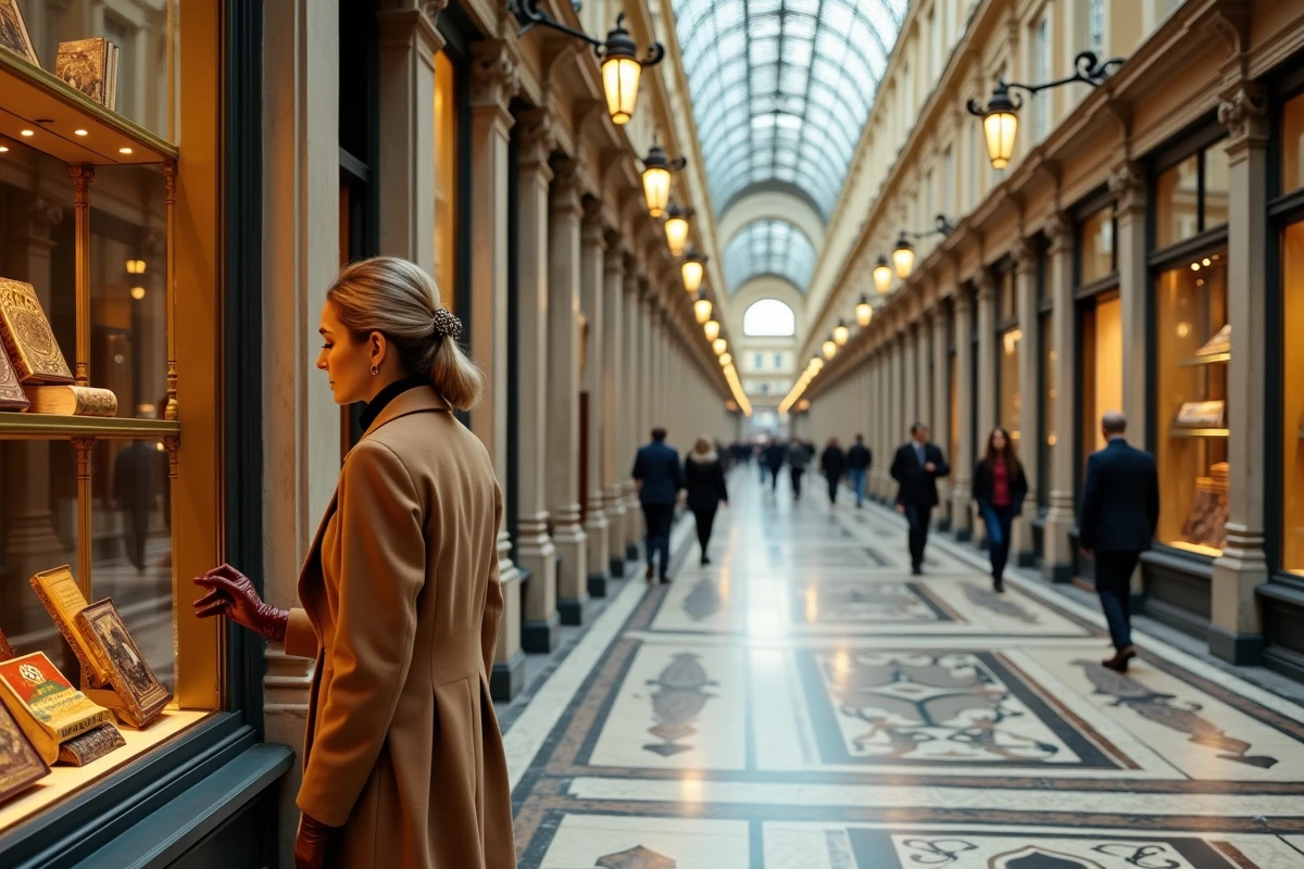 Femme élégante en manteau camel se promenant sous les voûtes vitrées de la Galerie Vivienne à Paris, avec ses sols en mosaïque et son architecture néoclassique du XIXe siècle
