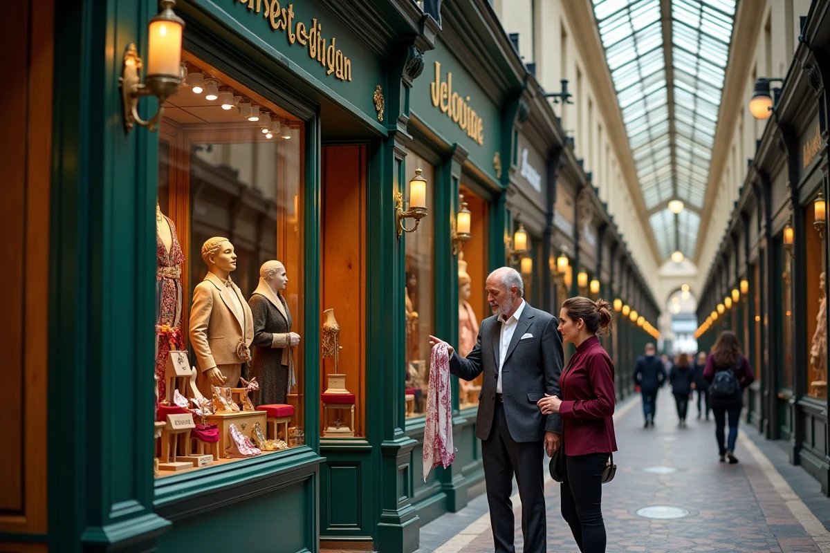 Client et vendeuse dans une boutique d'accessoires de mode de la Galerie Vivienne à Paris, devanture en bois vert avec dorures et décor d'arcade historique