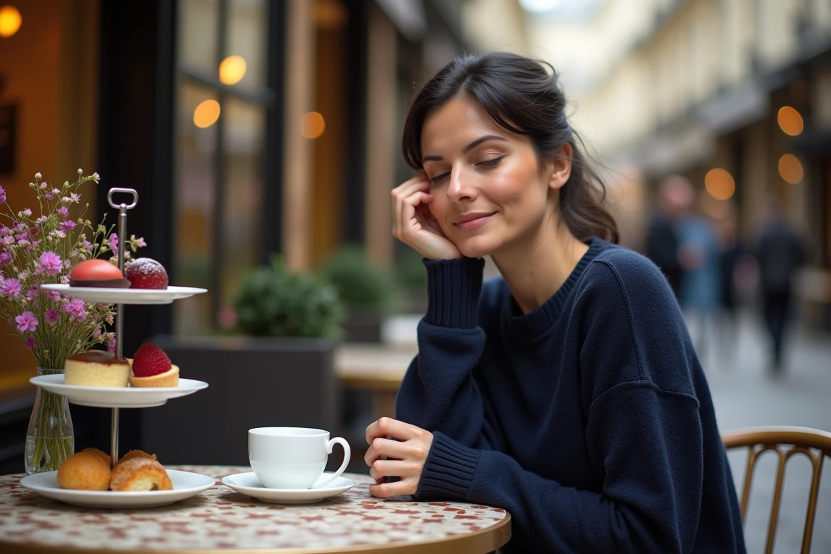 Femme savourant un thé et des pâtisseries dans un salon de thé de la Galerie Vivienne à Paris, atmosphère feutrée et décor néoclassique en arrière-plan