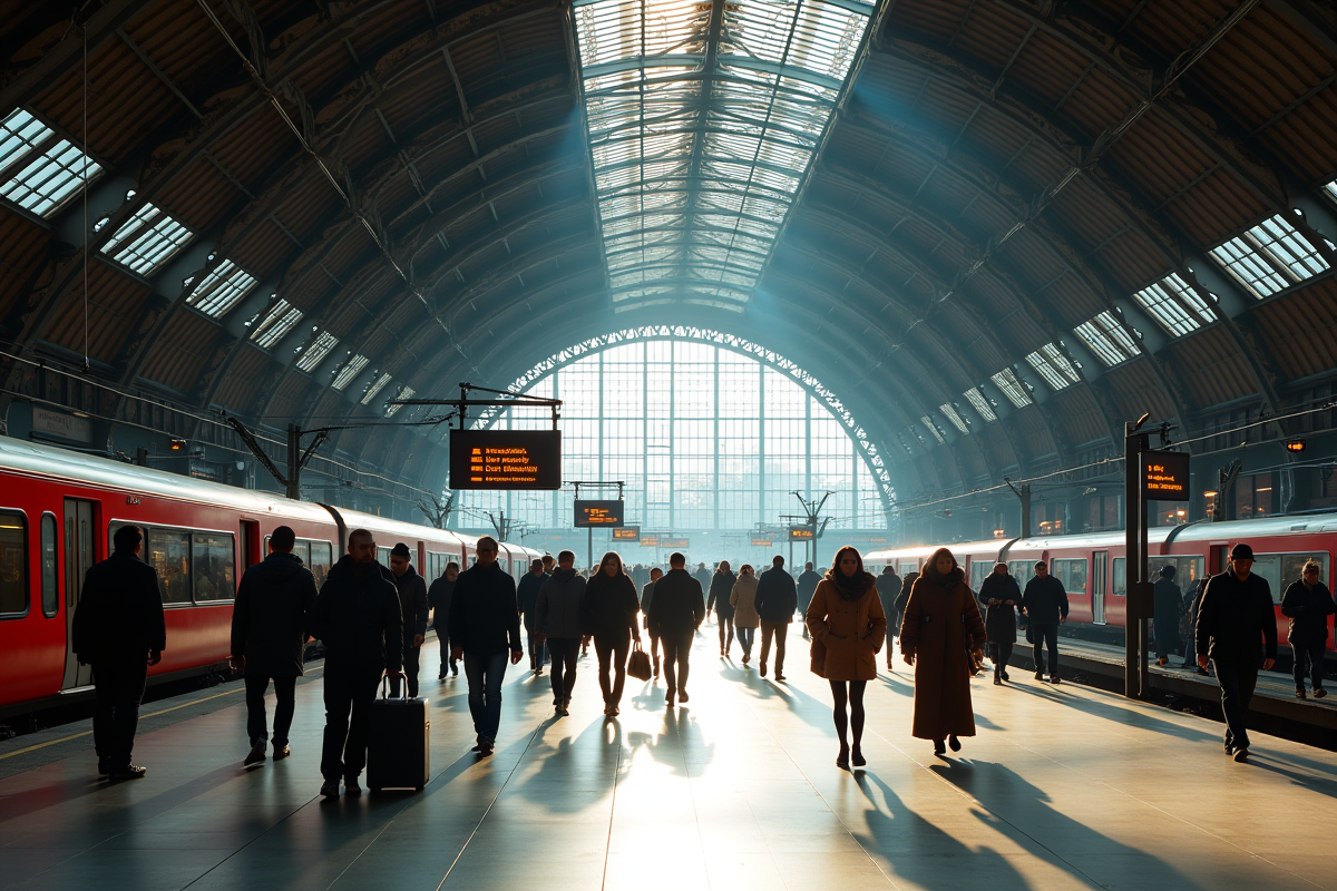 Plateforme animée de la gare de Bruxelles Central avec voyageurs