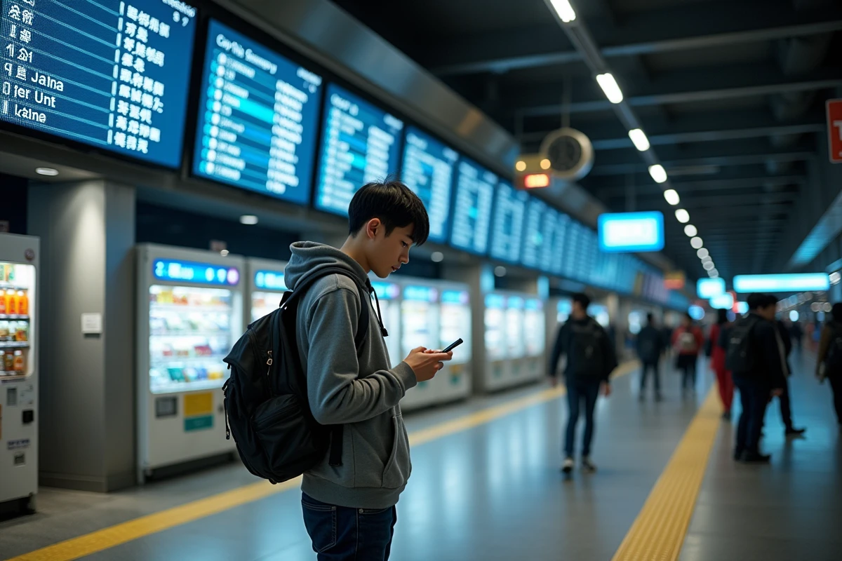 Voyageur consultant son téléphone devant le grand tableau des départs de la gare de Shinjuku la nuit