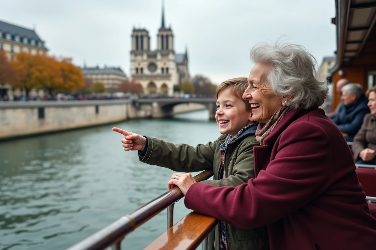 Grand-mère et petit-fils en balade en bateau-mouche sur la Seine avec vue sur Notre-Dame de Paris