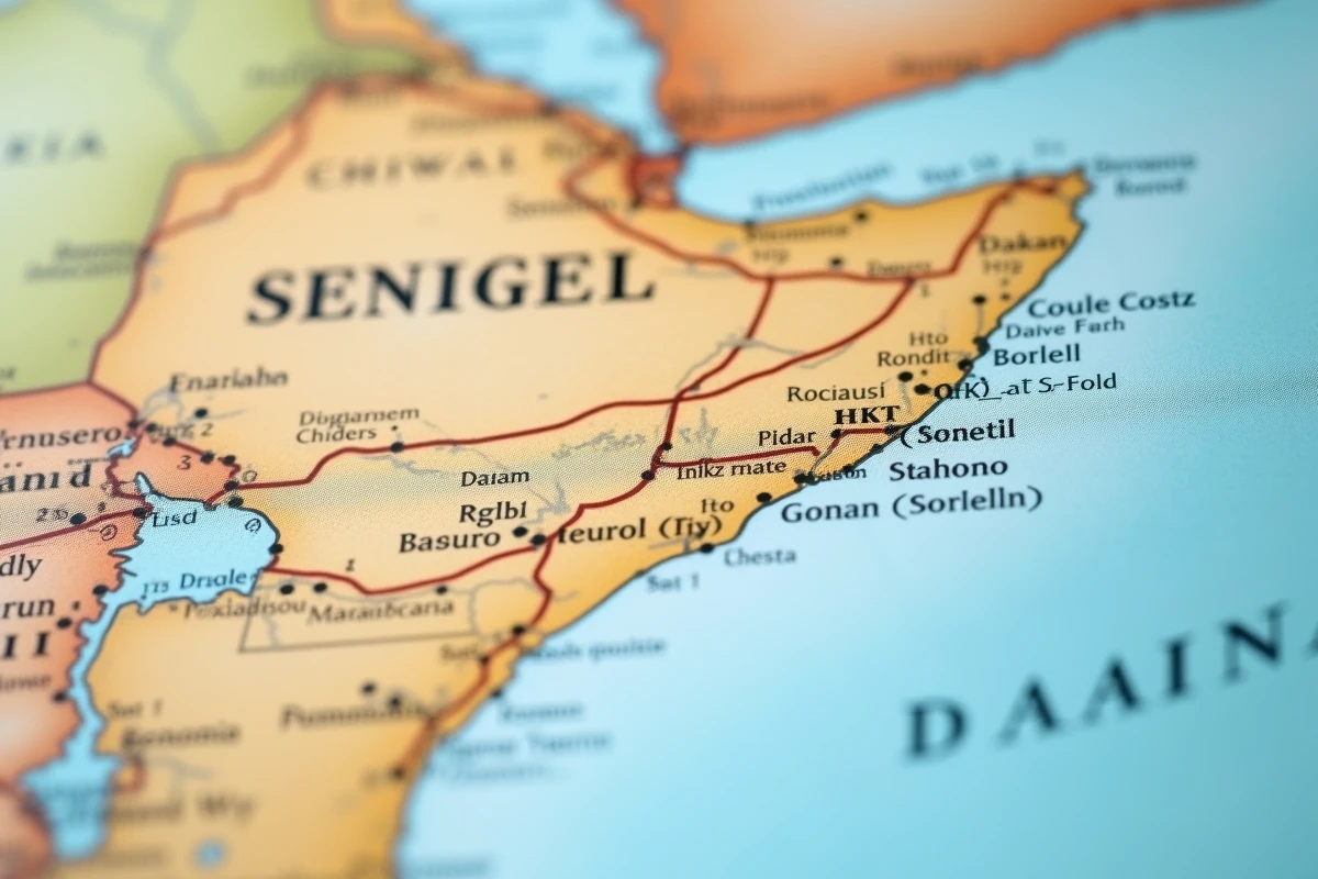Gros plan sur les détails cartographiques haute résolution de la région de Dakar sur une carte du Sénégal
