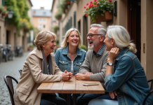 Trois amis souriants autour d'une table en ville européenne