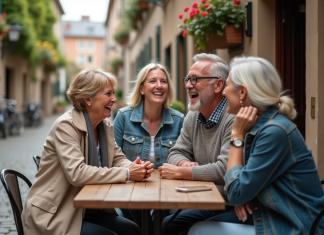 Gens les plus gentils en Europe : quel pays choisir ? Trois amis souriants autour d'une table en ville européenne