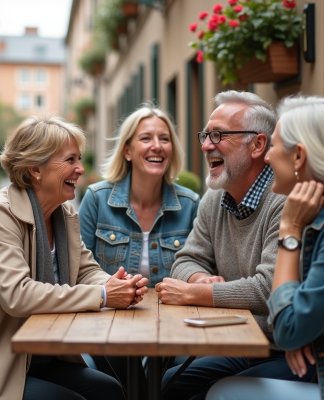 Trois amis souriants autour d'une table en ville européenne