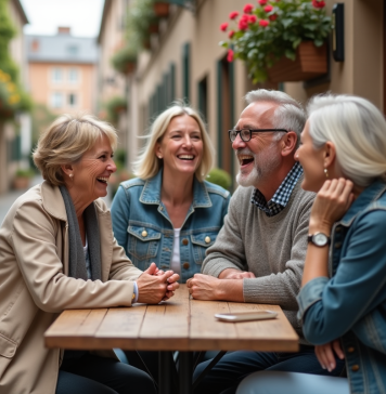 Trois amis souriants autour d'une table en ville européenne