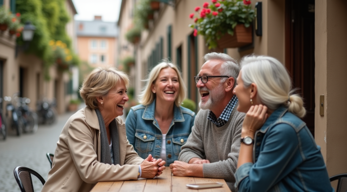 Trois amis souriants autour d'une table en ville européenne